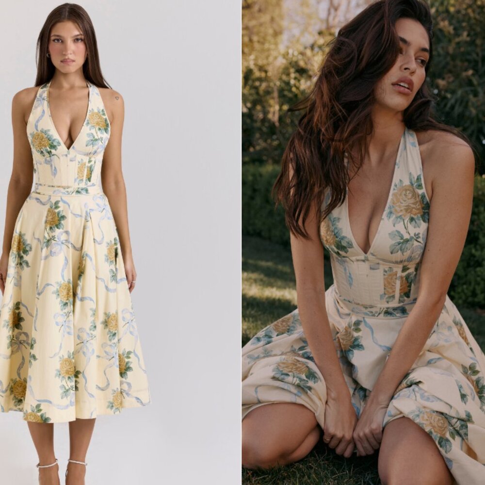 House of CB Allena lemon ribbon stretch cotton halter midi sundress NWOT